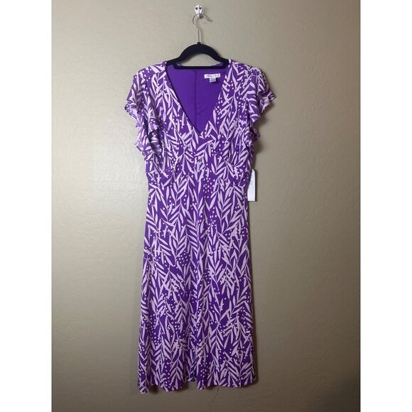 NWT London Times Women's Dress V-Neck Ruffle Sleeve Purple SZ 8 - Picture 2 of 6